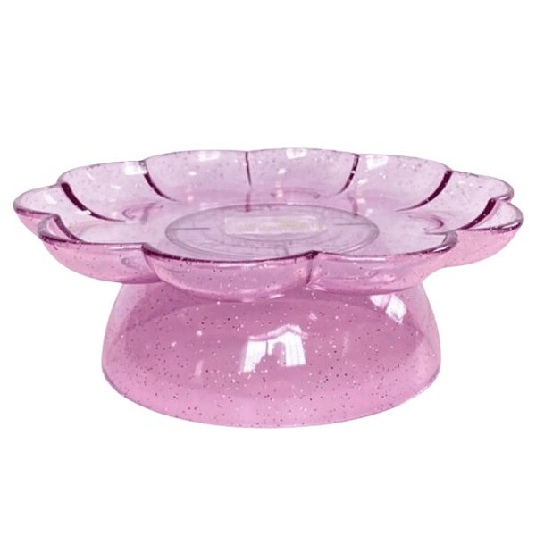 Bandeja Flower Com Pé - 205mm - Transparente Lilas Com Glitter - 1 unidade - Só Boleiras - Rizzo