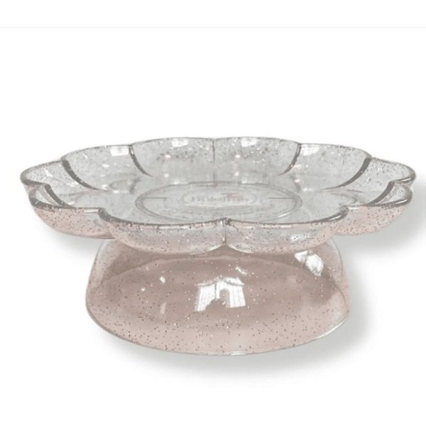 Bandeja Flower Com Pé - 205mm - Transparente Com Glitter Prata - 1 unidade - Só Boleiras - Rizzo
