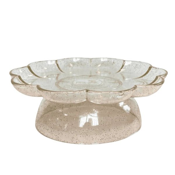 Bandeja Flower Com Pé - 205mm - Transparente Com Glitter Dourado - 1 unidade - Só Boleiras - Rizzo