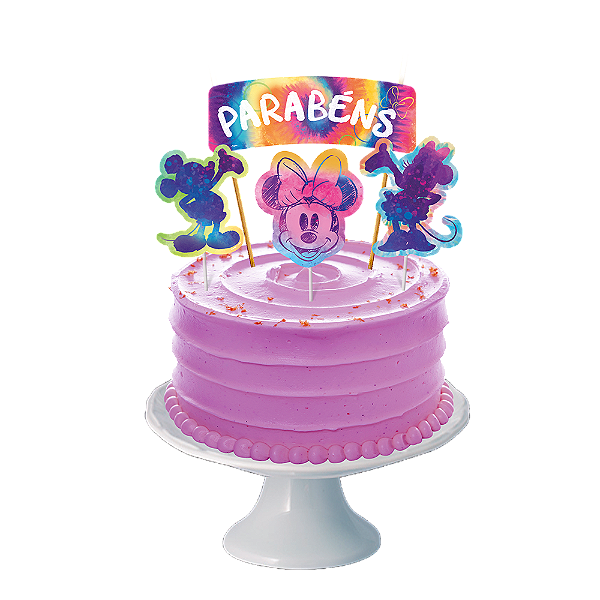 Decoração De Bolo Cenário Minnie Tie Dye 04 Unidades - Disney Original - Rizzo Festas