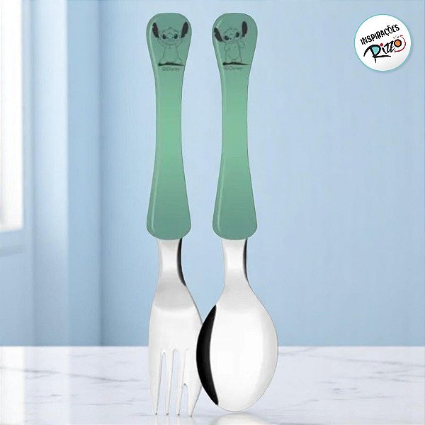 Kit Colher e Garfo Infantil - Stitch Verde - 1 unidade - Disney Original - Rizzo
