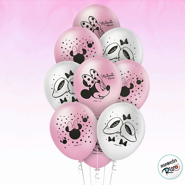 Balão de Festa Decorado Minnie Mouse Rosa 9" - 25 unidades - Disney Original - Rizzo