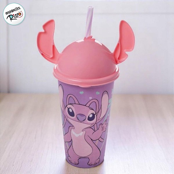 Copo de Plástico com Tampa e Canudo Orelha Angel - 500ml - 1 unidade - Disney Original - Plasútil