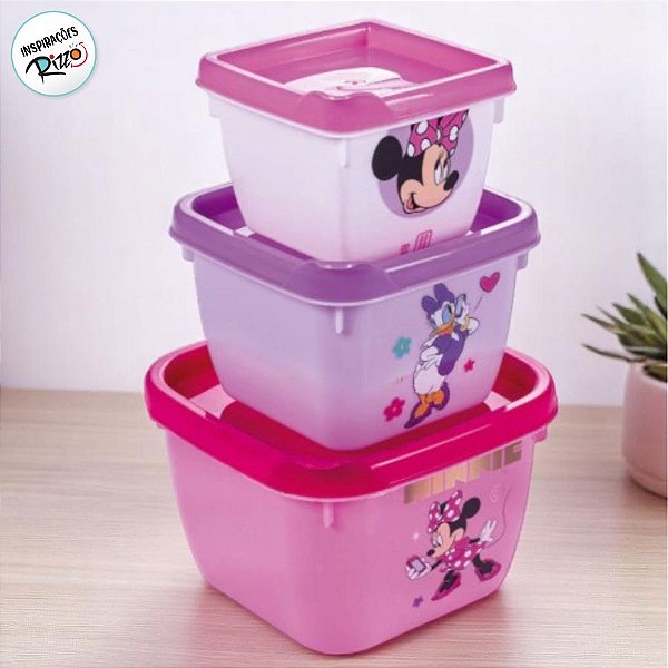 Kit 3 Potes de Plástico Quadrado - Minnie Rosa - 1 unidade - Disney Original - Rizzo