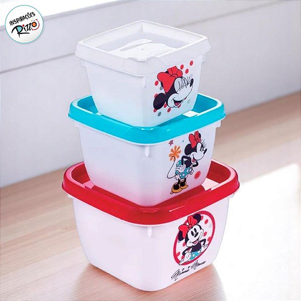 Kit 3 Potes de Plástico Quadrado - Minnie Branco - 1 unidade - Disney Original - Rizzo