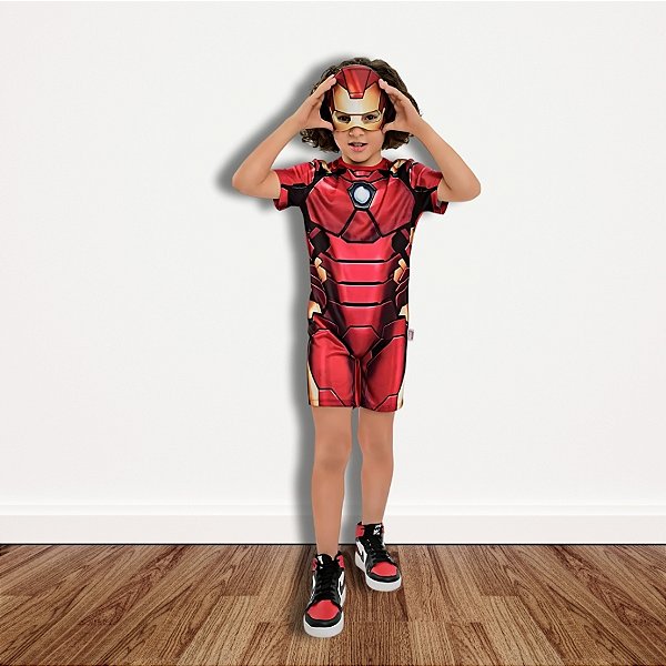 Fantasia Pop Infantil Homem de Ferro - Conjunto com Macacão Curto e Máscara - G de 10 a 12 anos - 1 unidade - Rizzo Disney Original