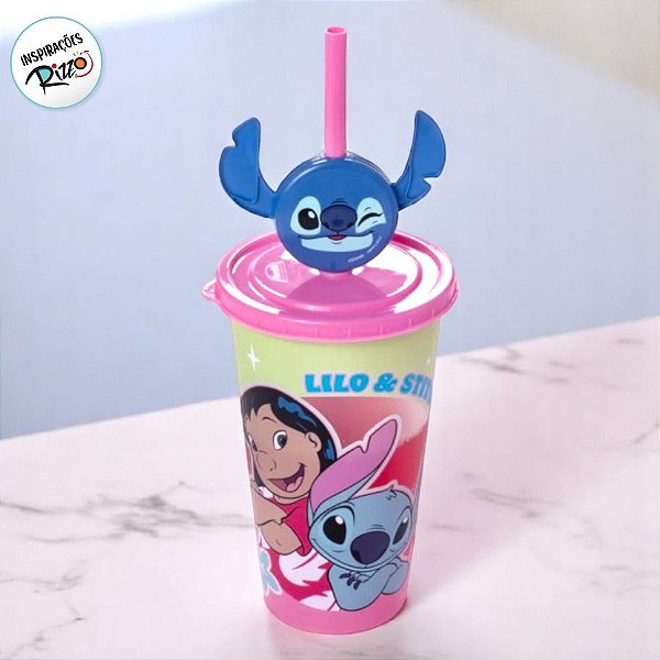 Copo de Plástico com Tampa e Canudo Pin Lilo e Stitch - 500ml - 1 unidade - Disney Original - Plasútil