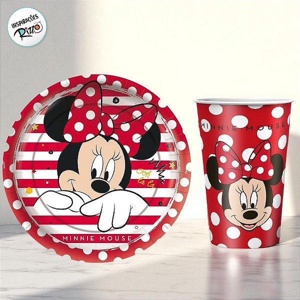Kit Copo e Prato de Papel - Minnie Mouse Vermelha - 16 Itens - 1 unidade - Disney Original - Rizzo