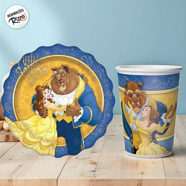 Kit Copo e Prato de Papel - A Bela e a Fera - 16 Itens - 1 unidade - Disney Original - Rizzo