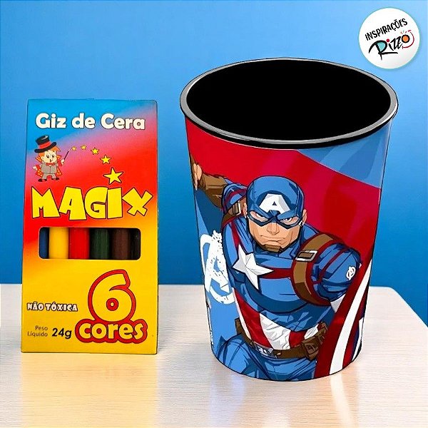 Kit Copo para Colorir e Giz de Cera - Capitão América - 1 unidade - Rizzo