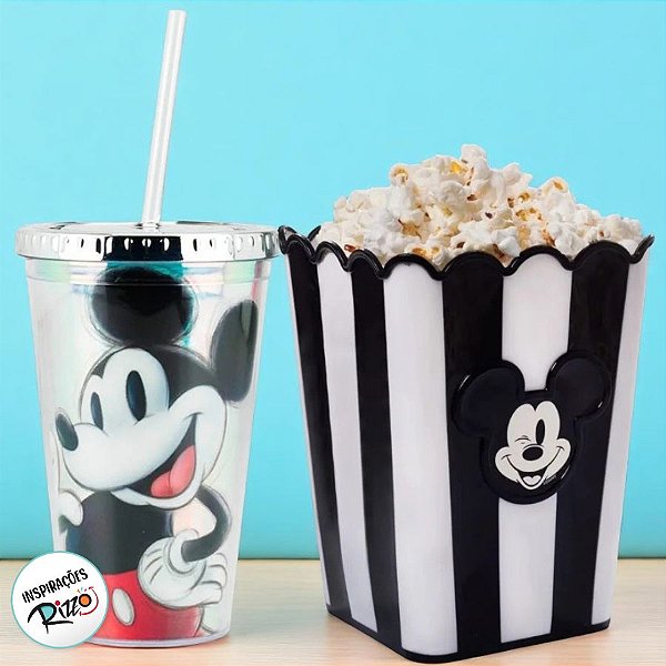 Kit Cinema - Balde de Pipoca e Copo com Canudo - Mickey Preto - 1 unidade - Disney Original - Rizzo