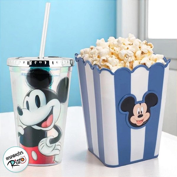 Kit Cinema - Balde de Pipoca e Copo com Canudo - Mickey Azul - 1 unidade - Disney Original - Rizzo