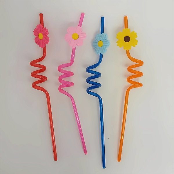 Canudo Espiral Rigido Colorido - Flores - 27cm - 4 unidades - Rizzo