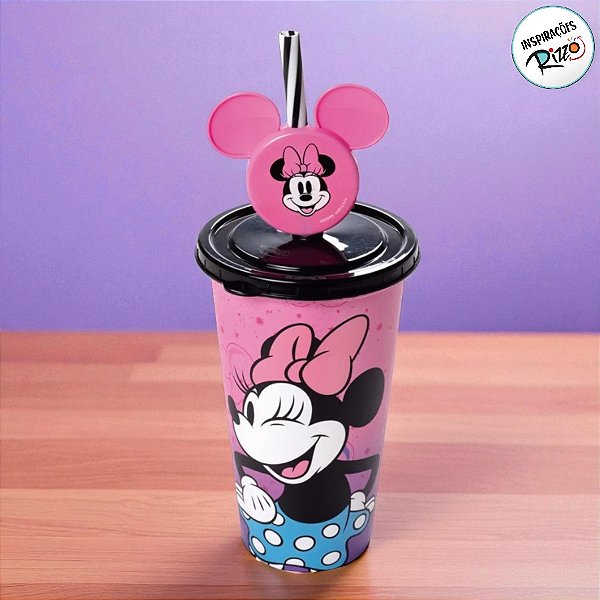 Copo de Plástico com Tampa e Canudo Minnie Mouse Rosa - 500ml - 1 unidade - Disney Original - Plasútil