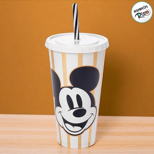 Copo de Plástico com Tampa e Canudo Mickey Listrado - 700ml - 1 unidade - Disney Original - Plasútil