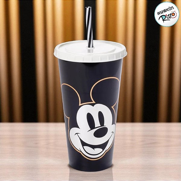 Copo de Plástico com Tampa e Canudo Mickey Preto e Prata - 700ml - 1 unidade - Disney Original - Plasútil