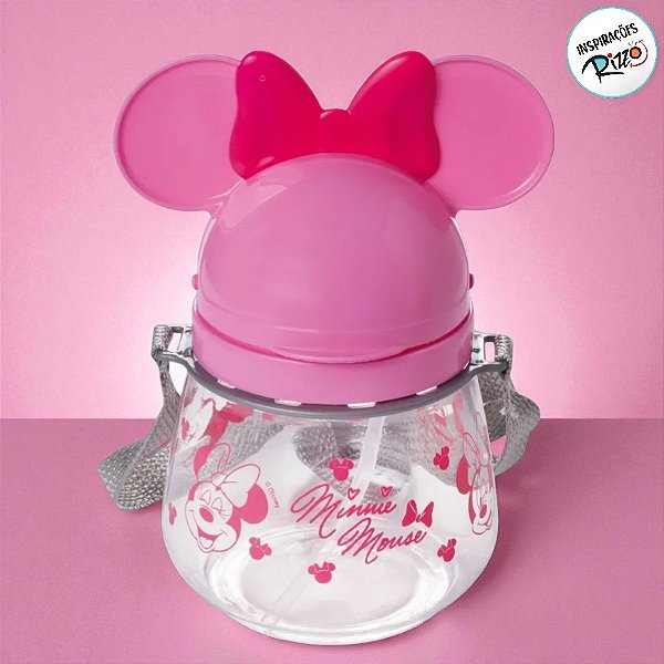 Garrafa com Alça e Canudo Minnie Mouse Rosa - 1,1l - 1 unidade - Disney Original - Rizzo