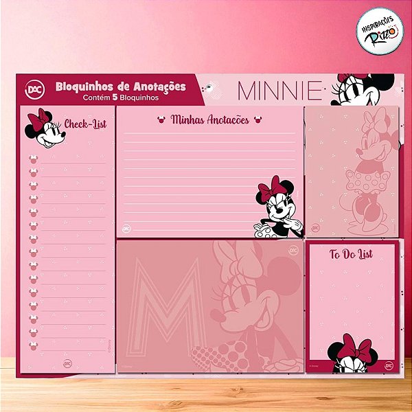 Kit 5 Blocos de Anotações - Minnie Mouse Rosa - 1 unidade - Disney Original - Rizzo