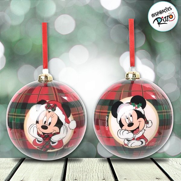 Bola de Natal - Mickey e Minnie - Xadrez - 10cm - 2 unidades - Disney Original - Cromus