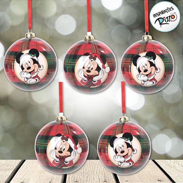 Bola de Natal - Mickey e Minnie - Xadrez - 6cm - 6 unidades - Disney Original - Cromus