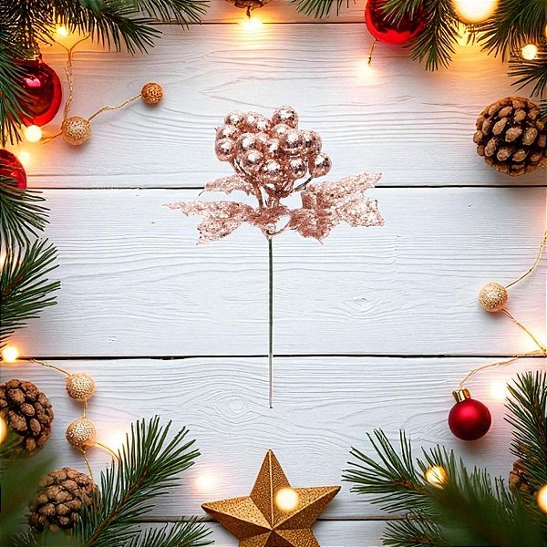 Pick Decorativo de Natal - Frutas Brilhantes - Rose Gold - 23cm - 1 unidade - Cromus - Rizzo