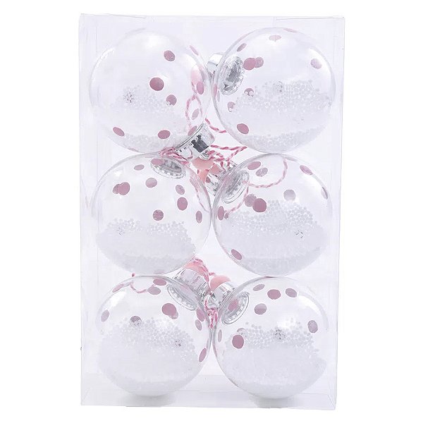 Jogo de Bola de Natal Rosa com Neve - 8cm  - 6 unidades - Cromus - Rizzo