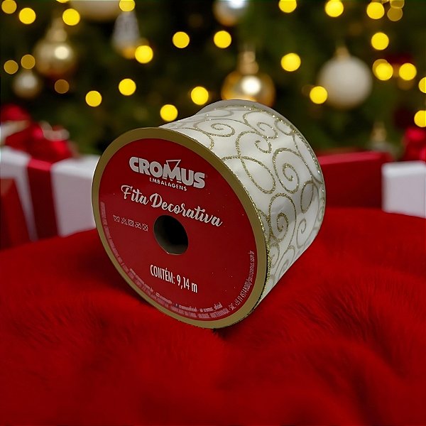 Fita Aramada Decorativa de Natal - Branco e Ouro - 6,3x914cm - 1 unidades - Cromus - Rizzo