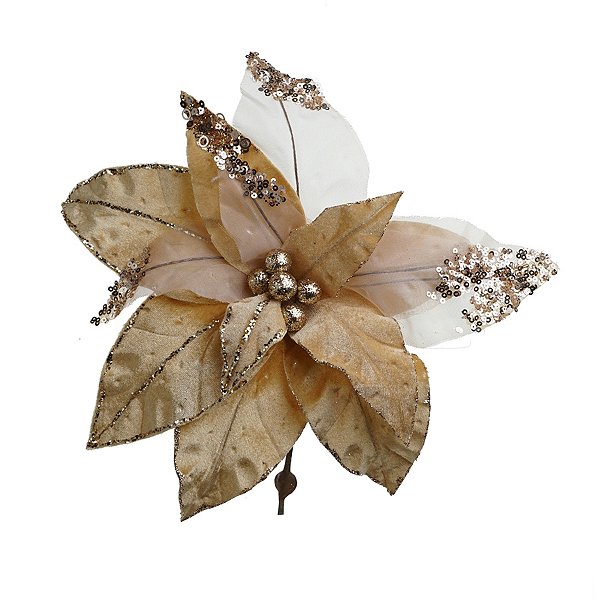 Poinsétia Decorativa - Vazada com Paete Champagne - 47cm - 1 unidade - Cromus - Rizzo