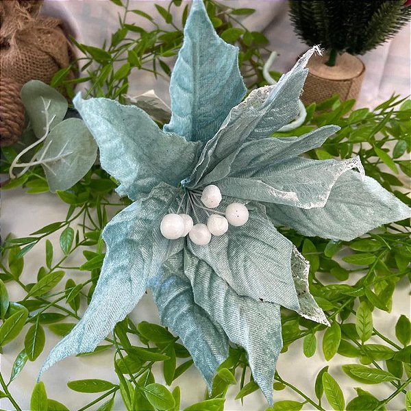 Enfeite de Natal Poinsétia Azul Claro 01 Unidade Cromus Rizzo