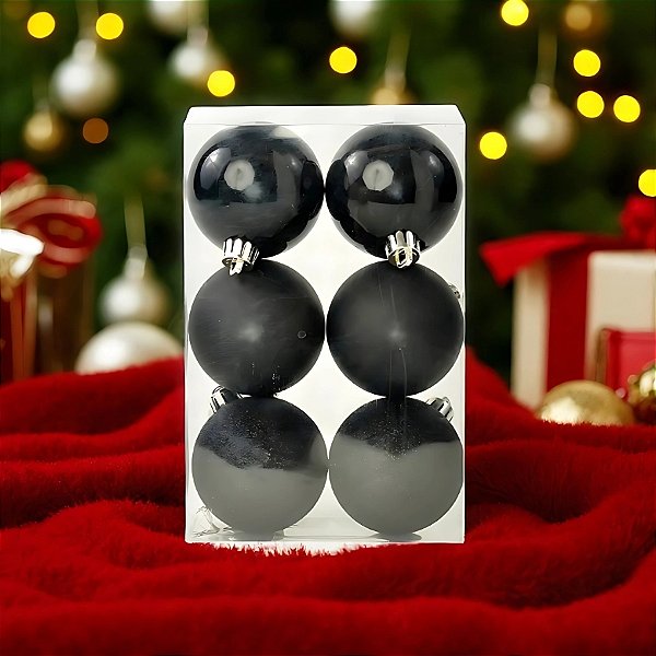 Bolas de Natal - Preto Perolada, Matte e Glitter - 8cm - 6 unidades - Cromus - Rizzo
