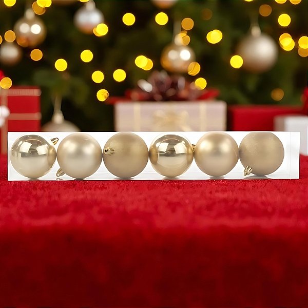 Bolas de Natal em Tubo - Ouro Perolada, Matte e Glitter - 8cm - 6 unidades - Cromus - Rizzo