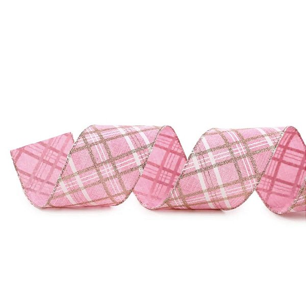 Fita Decorativa Aramada - Xadrez Rosa, Branco e Ouro - 6,3x914cm   - 1 unidade - Cromus - Rizzo