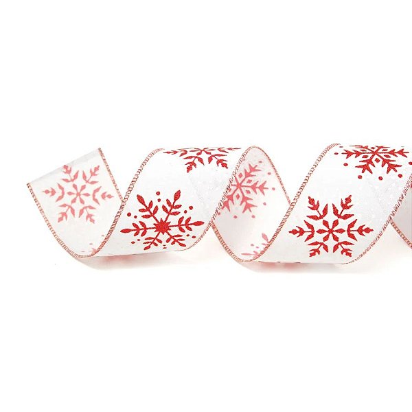 Fita Decorativa Aramada - Floco de Neve Branco e Vermelho com Glitter - 6,3x914cm   - 1 unidade - Cromus - Rizzo