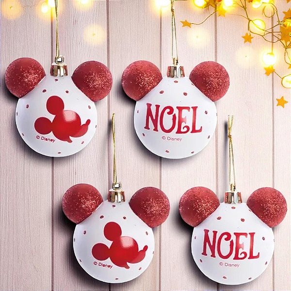 Kit Bolas de Natal Mickey - Sortido - Vermelho e Branco - 8 cm - 4 unidades - Disney Original - Cromus