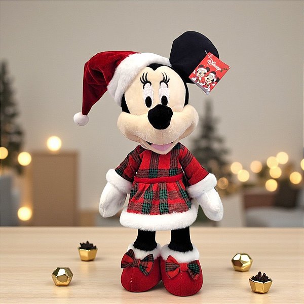 Pelúcia Decorativa de Natal - Minnie em Pé - Xadrez - 45cm - 1 unidade - Disney Original - Cromus
