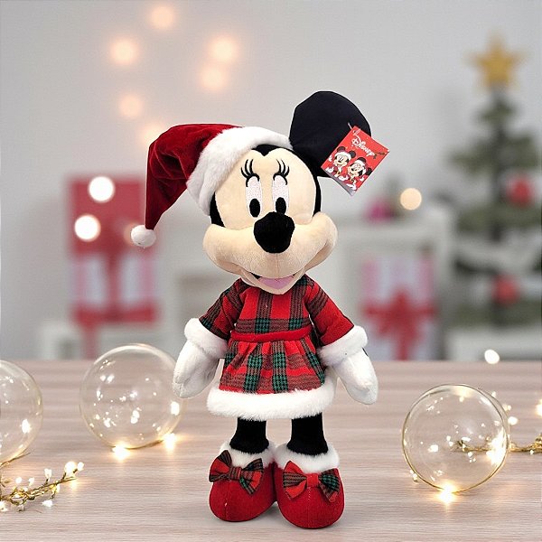 Pelúcia Decorativa de Natal - Minnie em Pé - Xadrez - 36cm - 1 unidade - Disney Original - Cromus