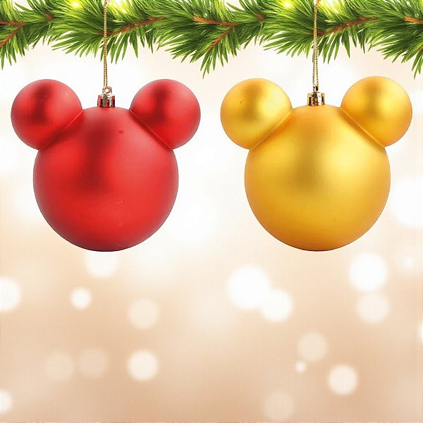 Kit Bolas de Natal Mickey Vermelha e Amarela - 10cm - 2 unidades - Disney Original - Cromus