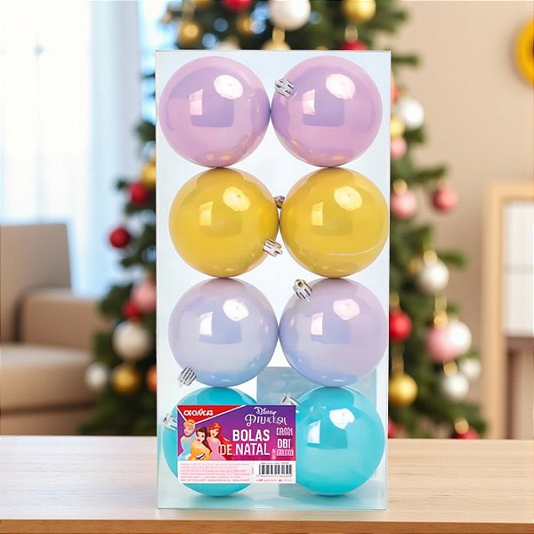 Bola de Natal Lisa Perolada - Princesas Colorida - 8cm - Disney Original - 8 unidades - Cromus - Rizzo