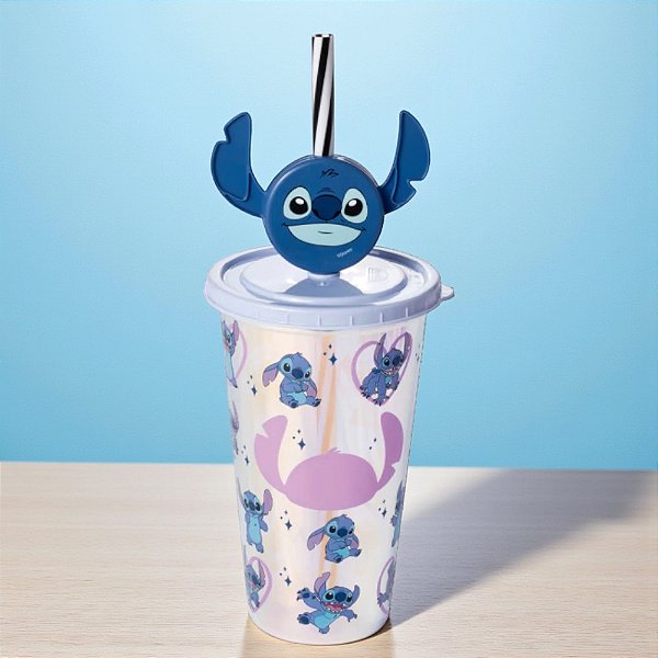 Copo de Plástico com Tampa e Canudo Pin Stitch Holográfico - 500ml - 1 unidade - Disney Original - Plasútil