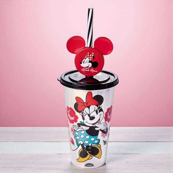 Copo de Plástico com Tampa e Canudo Pin Minnie Red - Holográfico - 500ml - 1 unidade - Disney Original - Plasútil