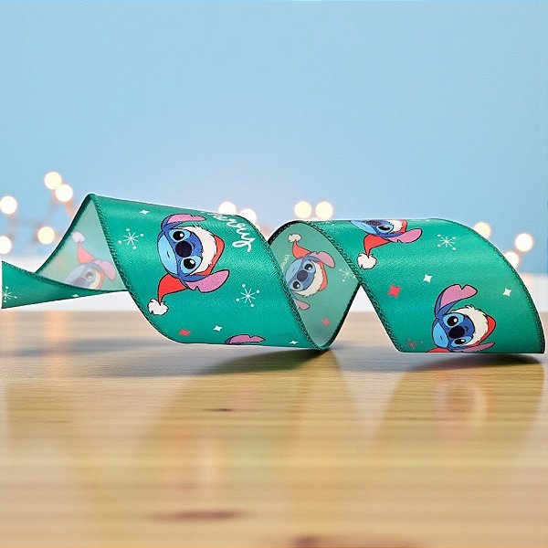 Fita Decorativa Aramada de Natal - Stitch - 6,3cm x 9,14m - 1 unidade - Disney Original - Cromus