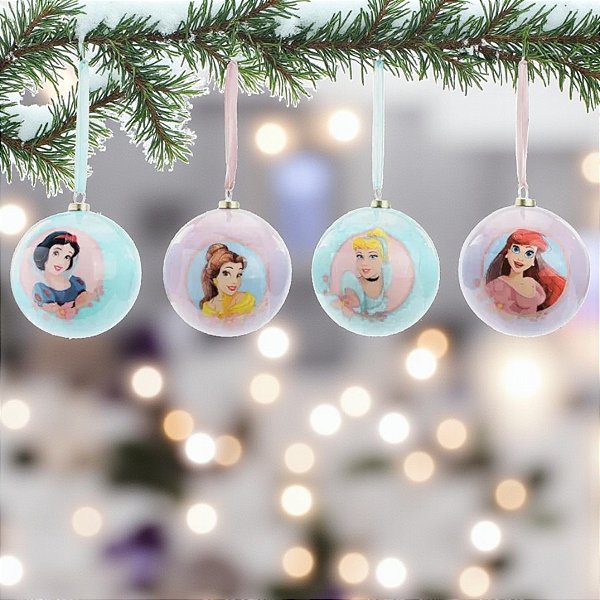 Kit Bola de Natal - Princesas Disney - 8 cm - 4 unidades - Natal Disney - Cromus