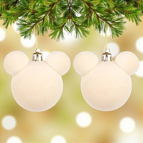 Bola de Natal - Mickey - Aveludada Bege - 10cm - 2 unidades - Disney Original - Cromus