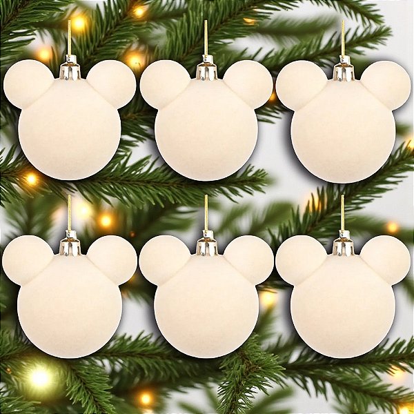 Bola de Natal - Mickey - Aveludada Bege - 6cm - 6 unidades - Disney Original - Cromus