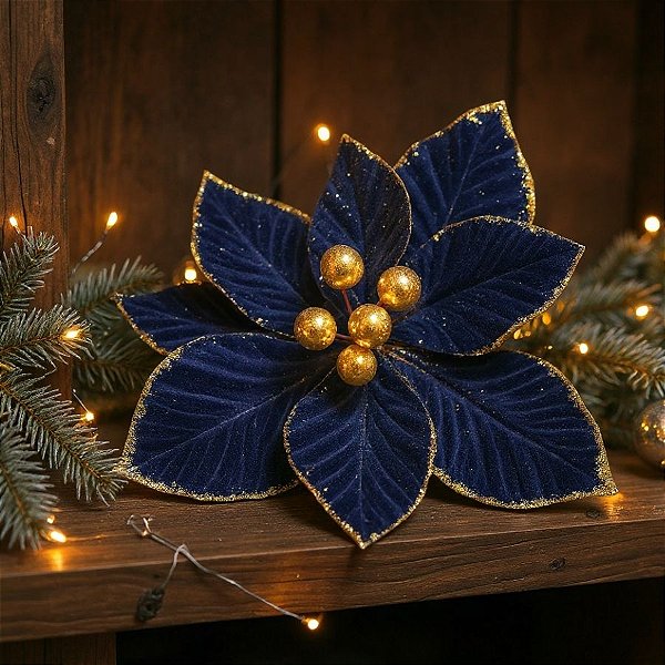 Poinsétia Decorativa - Azul Escuro/Dourado e Glitter - 23cm - 1 unidade - Cromus - Rizzo