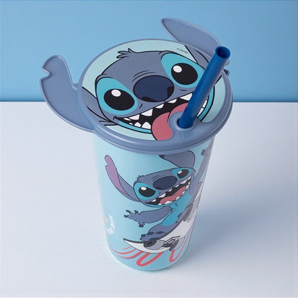 Copo de Plástico com Tampa e Canudo - Stitch Orelha - 500ml - 1 unidade - Disney Original - Plasútil