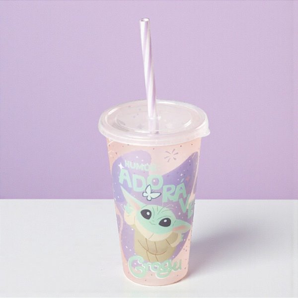 Copo de Plástico com Tampa e Canudo - Grugu - Star Wars - 500ml - 1 unidade - Disney Original - Plasútil