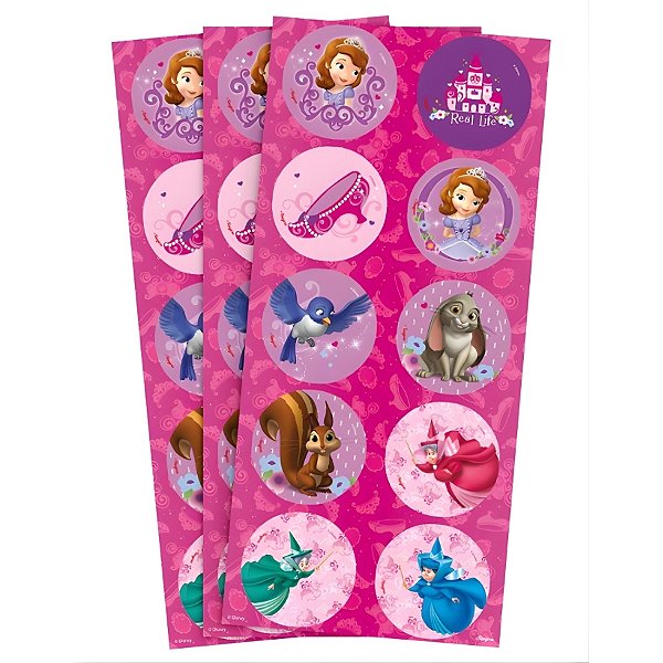 Adesivo Redondo - Sofia The First - 4x4cm - 30 unidades - Regina - Disney Original