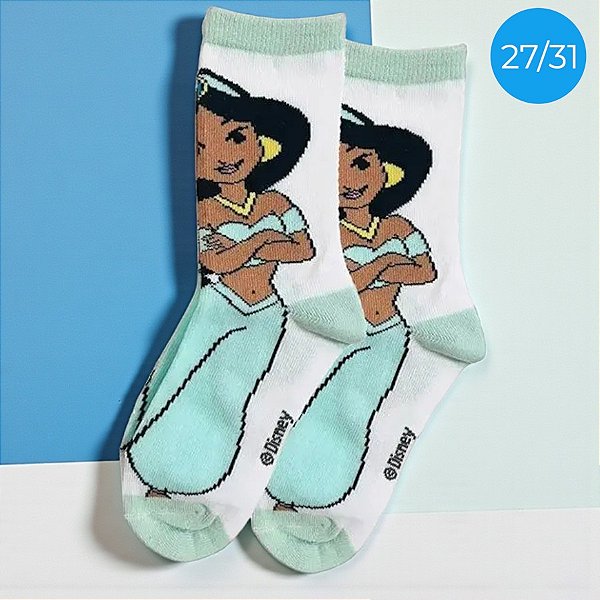 Meia Infantil Cano Médio - Jasmine - Azul - 27/31 - 1 unidade - Disney Original - Jolitex