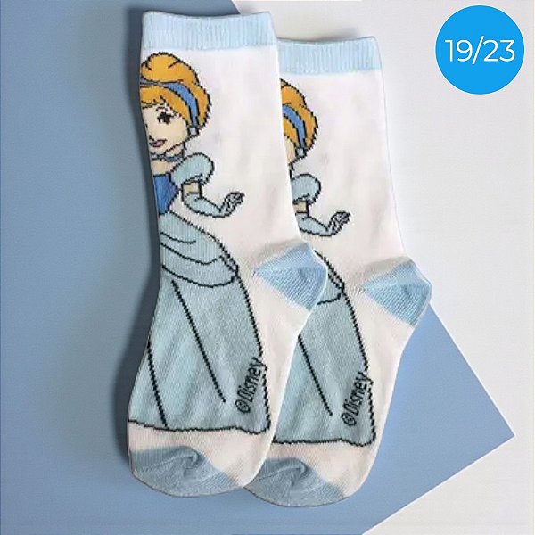 Meia Infantil Cano Médio - Cinderela - Azul - 19/23 - 1 unidade - Disney Original - Jolitex